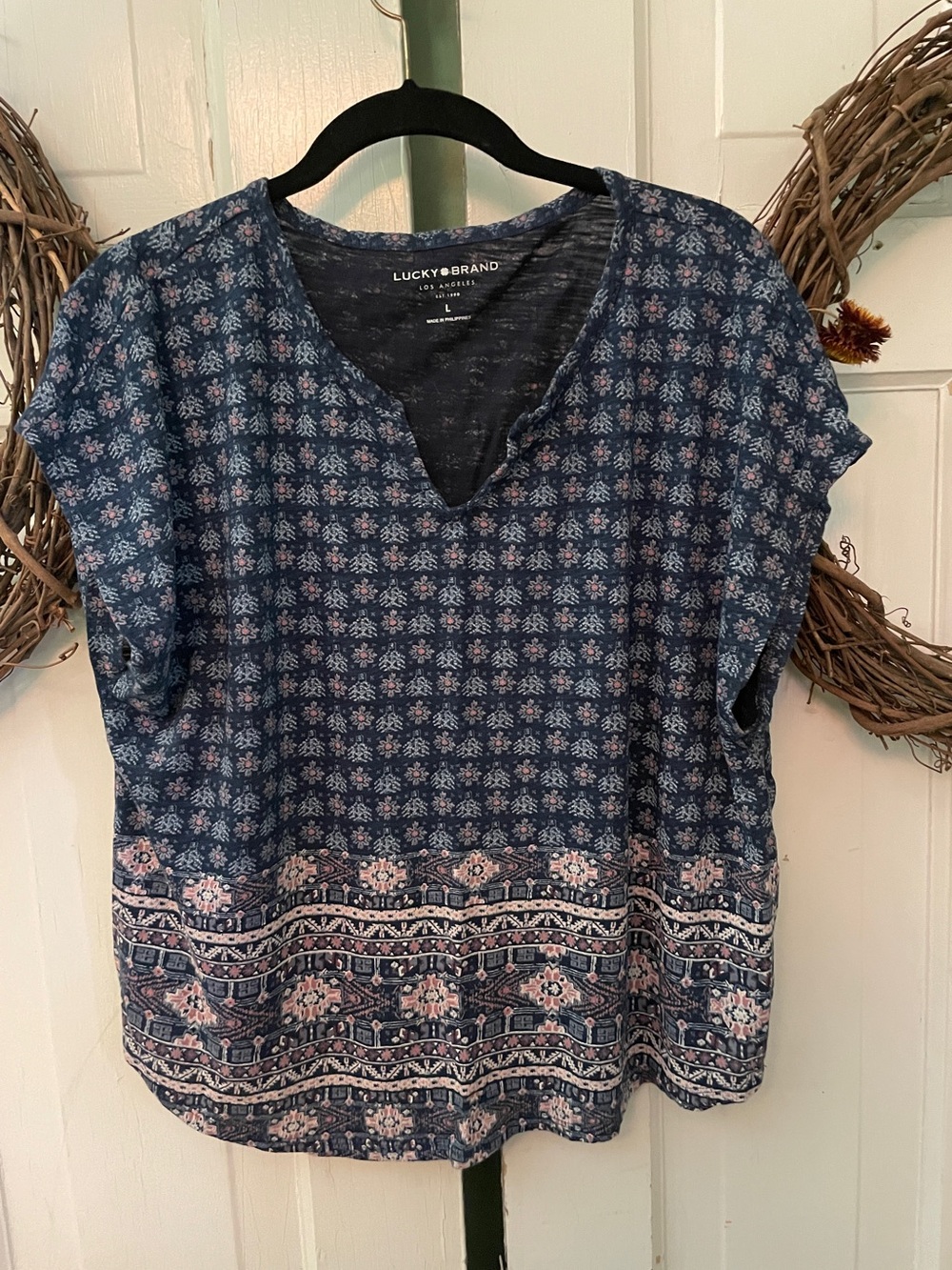 Lucky Brand Lightweight V-neck Short Sleeve Boho Top Women's Size L